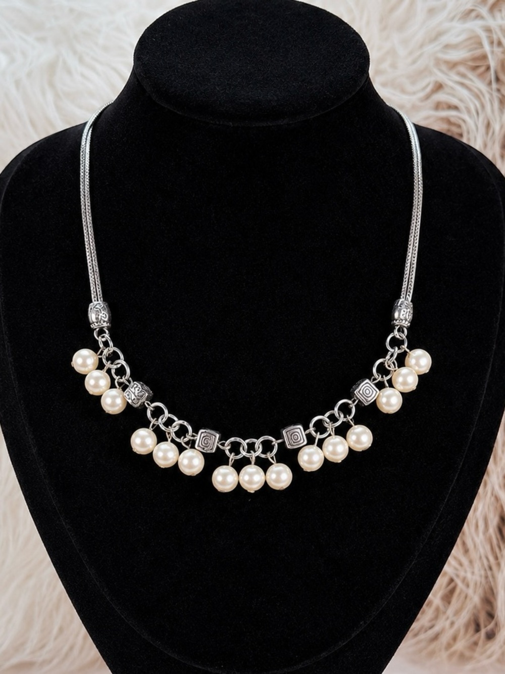 Vintage Brighton Silver Tone Pearl Dangle Statement Necklace